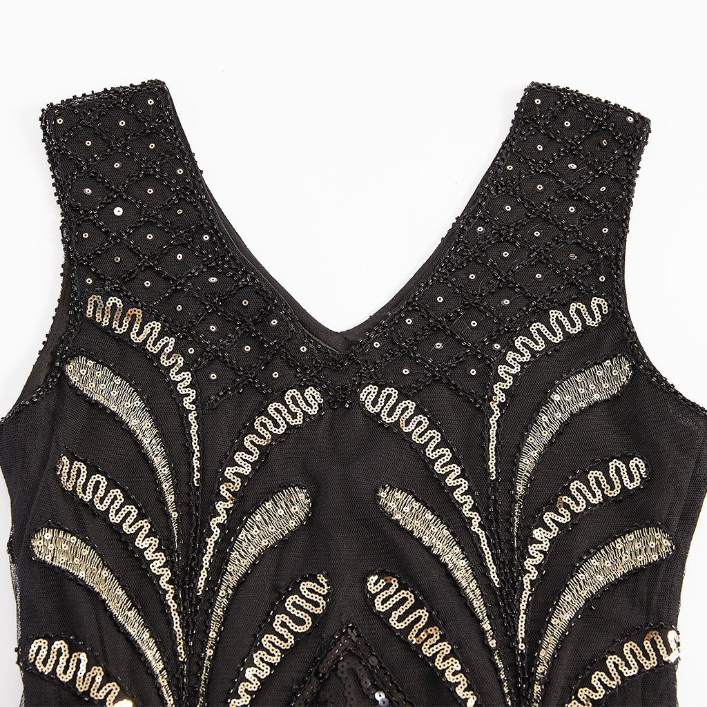 Black 1920s V Neck Sequined Flapper Dress
