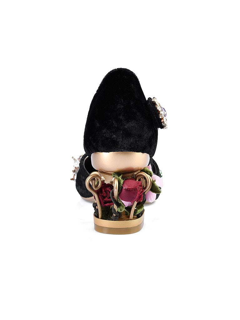 Luxury Womens Sheepskin Pointed Toe Flowers Rhinestones Mary Jane Vintage Pumps