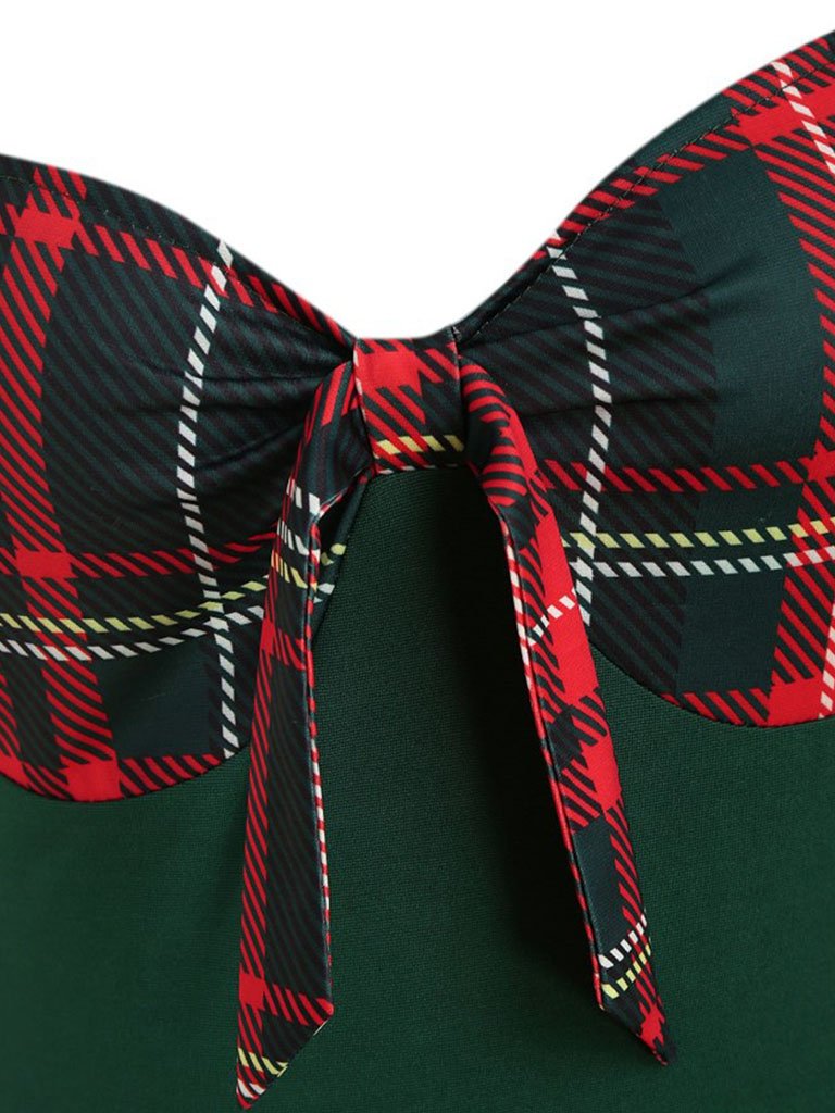 1950S Bow Heart Collar Plaid Long Sleeve Swing Dress