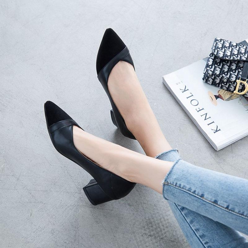 Heel Chunky Heel Pointed Cap-Toe PU Leather