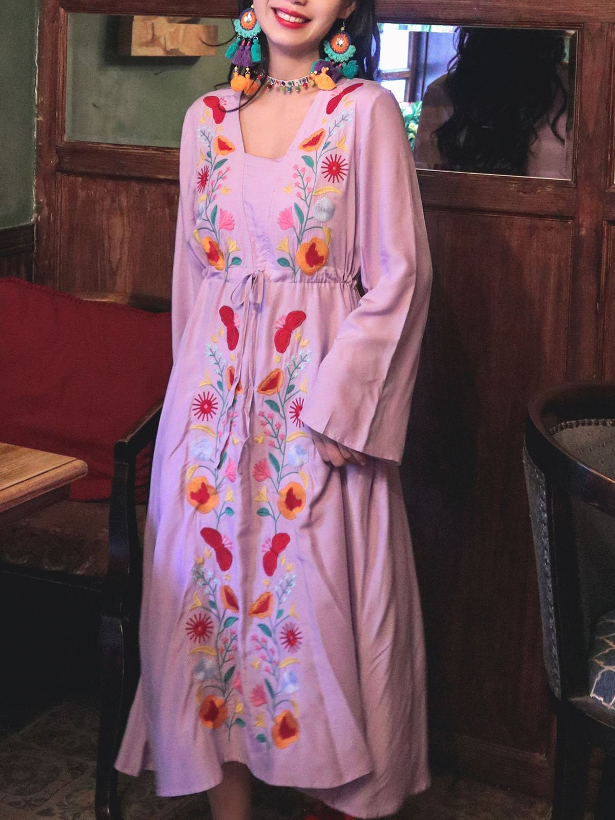 Jolly Vintage Embroidered Floral Long Sleeves Square Neck Boho Dress