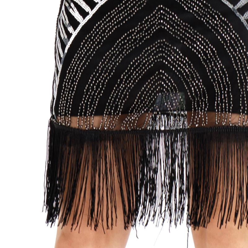 Black Gold 1920s V Neck Sequined Fringed Flapper Dress