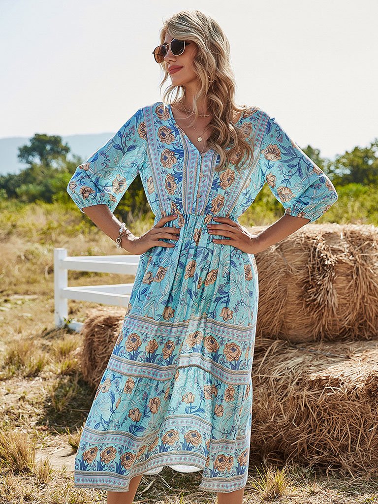 Floral Boho Dress Half Sleeve V Neck Beach Party Dress