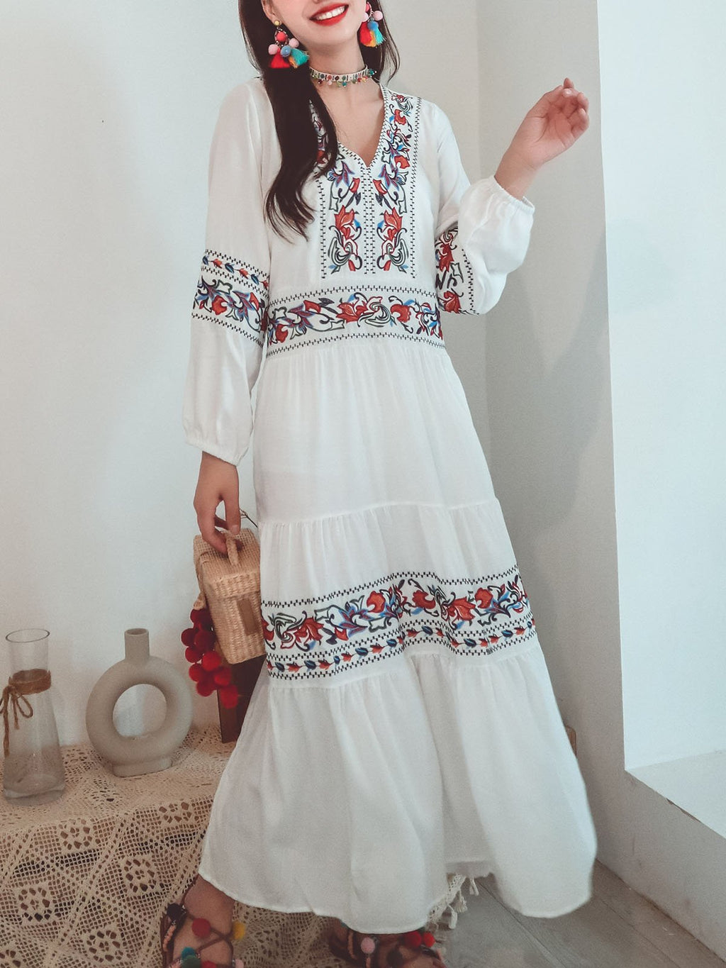 Jolly Vintage Embroidered Floral V Neck Long Sleeves Boho Maxi Cotton Dress