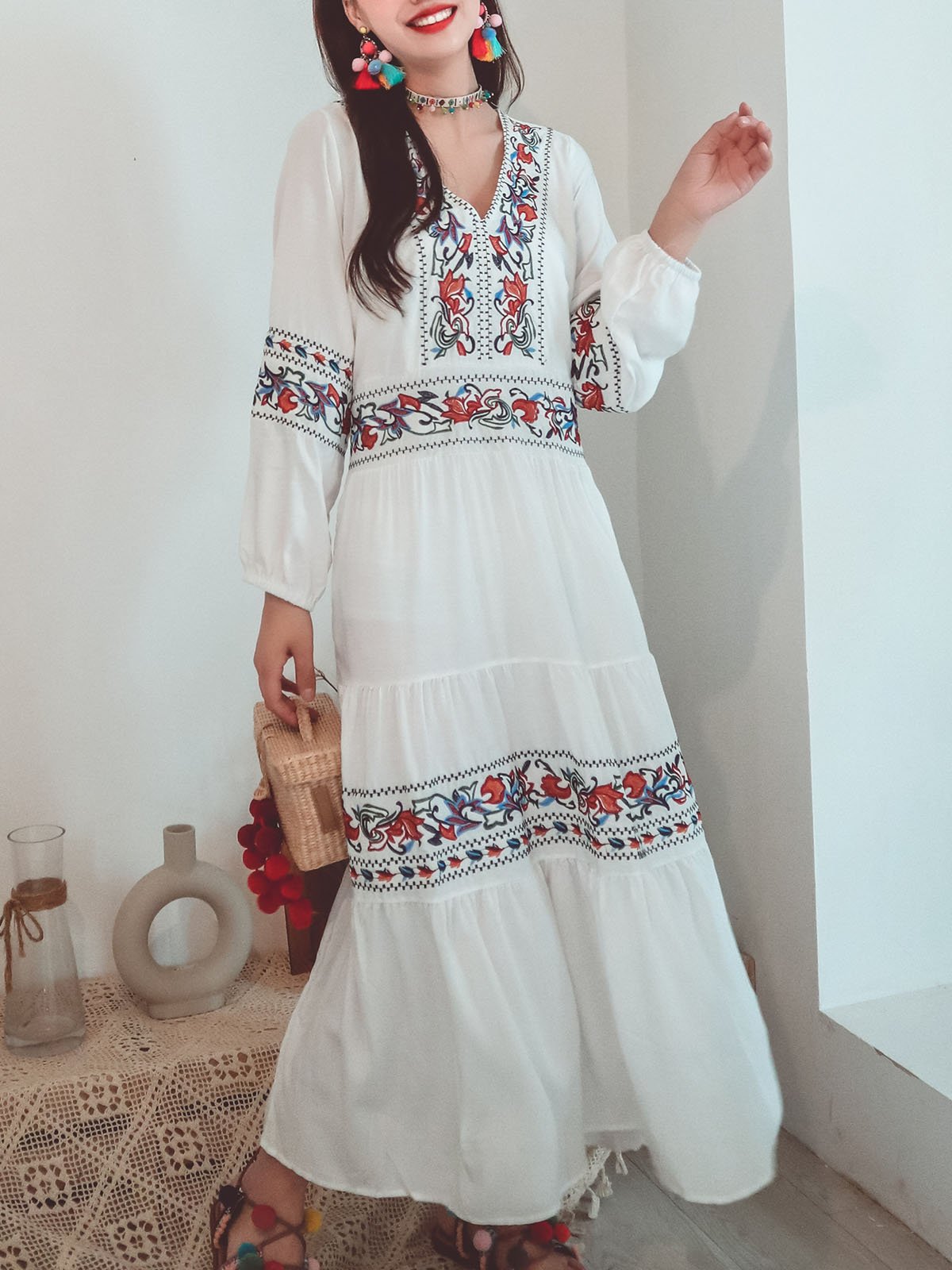 Jolly Vintage Embroidered Floral V Neck Long Sleeves Boho Maxi Cotton Dress