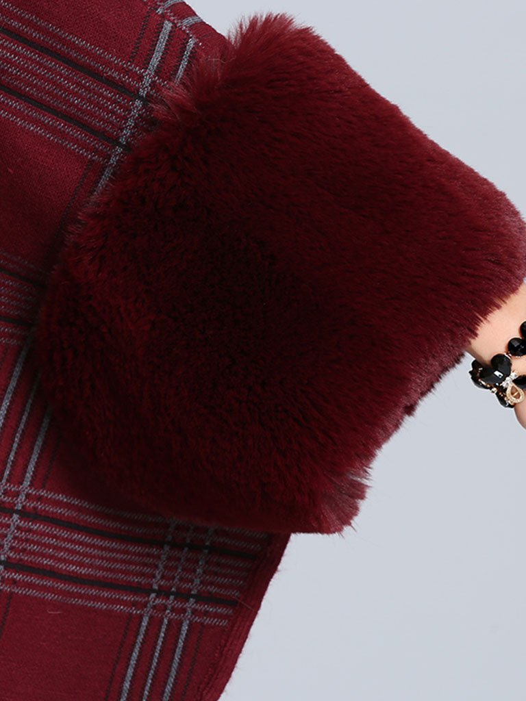 Plaid Poncho Sweater Faux Fur Coat Shawl Collar
