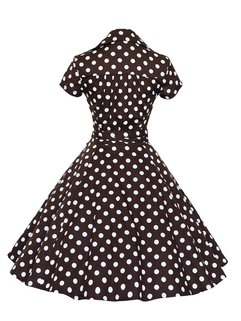 Elegant High Waist V Neck Short Sleeve Dots Vintage Dress