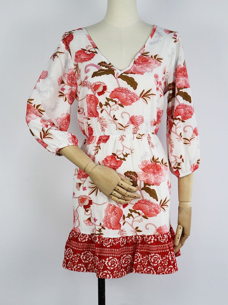 Boho Dress Floral Printed V Neck Beach Dress Half Sleeve