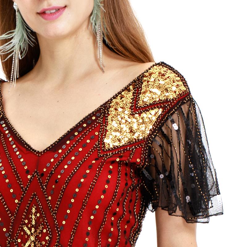 Red Gold 1920s V Neck Sequined Flapper Dress