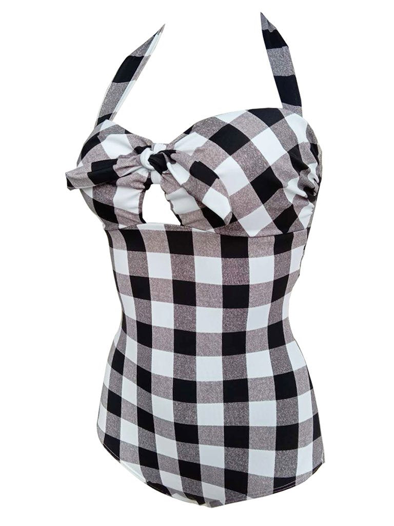 Elegant Type Retro Style Backless Plaid One Piece Swimsuit Bathing Suit