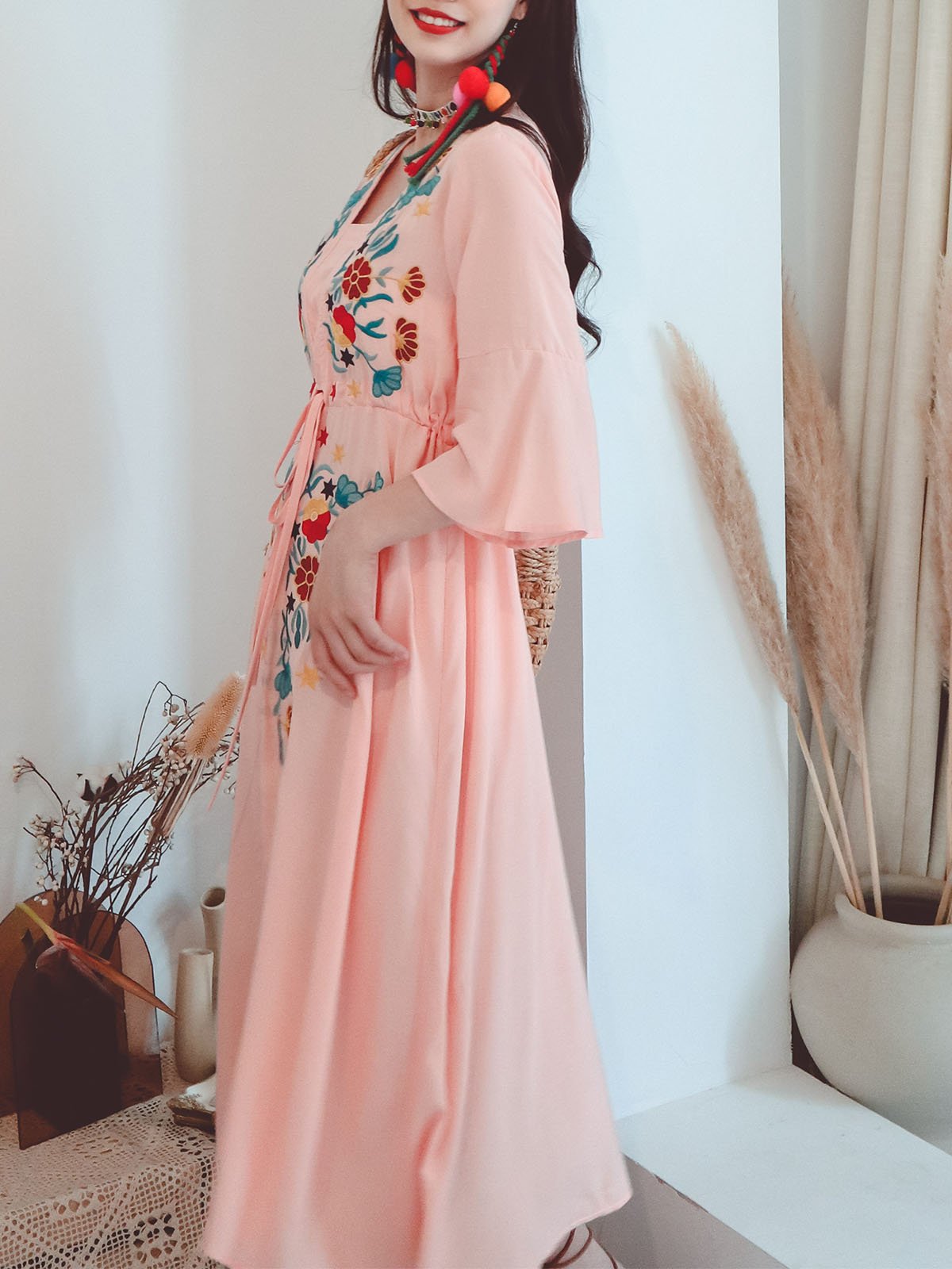 Cotton Embroidered Floral Square Neck Flared Half Sleeve Maxi Boho Dress