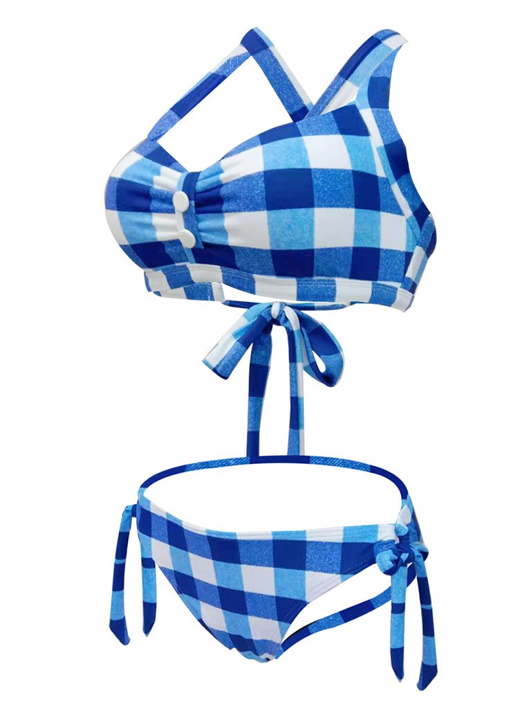 High Waisted Retro Style Backless Plaid Two Pieces Bikini Sets
