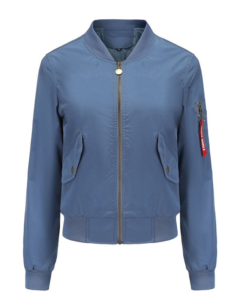 Pilot Style Jacket Daily Zippered Fall Winter Casual Solid Color Stand Collar Sporty Jacket