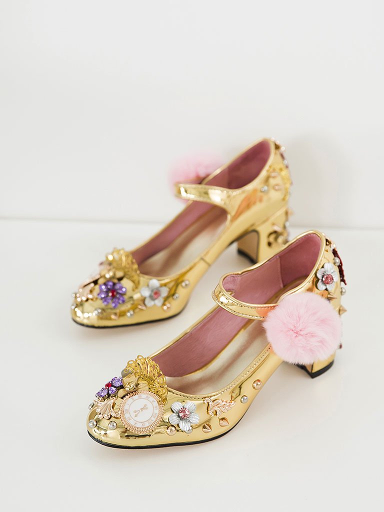 9.5CM Luxury Pompom Chunky Heels Retro Shoes