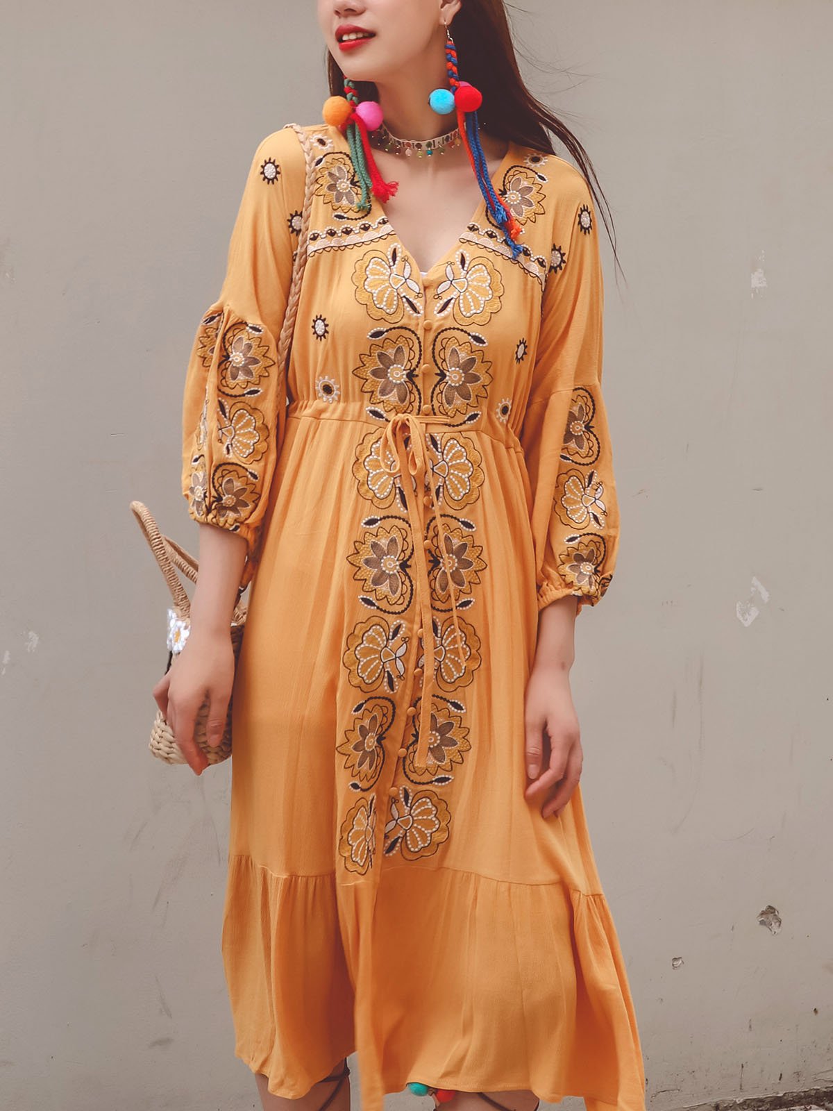 Bohemian Floral Embroidered V Neck 3/4 Sleeves Front Split Button Maxi Boho Dress