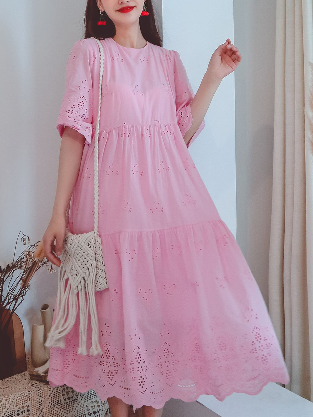 Jolly Vintage Embroidered Solid Backgrand Half Sleeves Boho Midi Dress