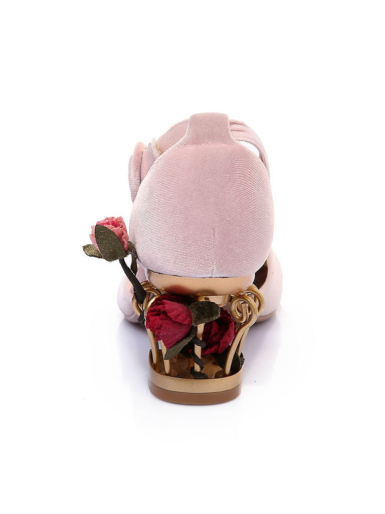 Luxury Velvet Shoes Round Toe Gold Metallic Fretwork Floral Heels