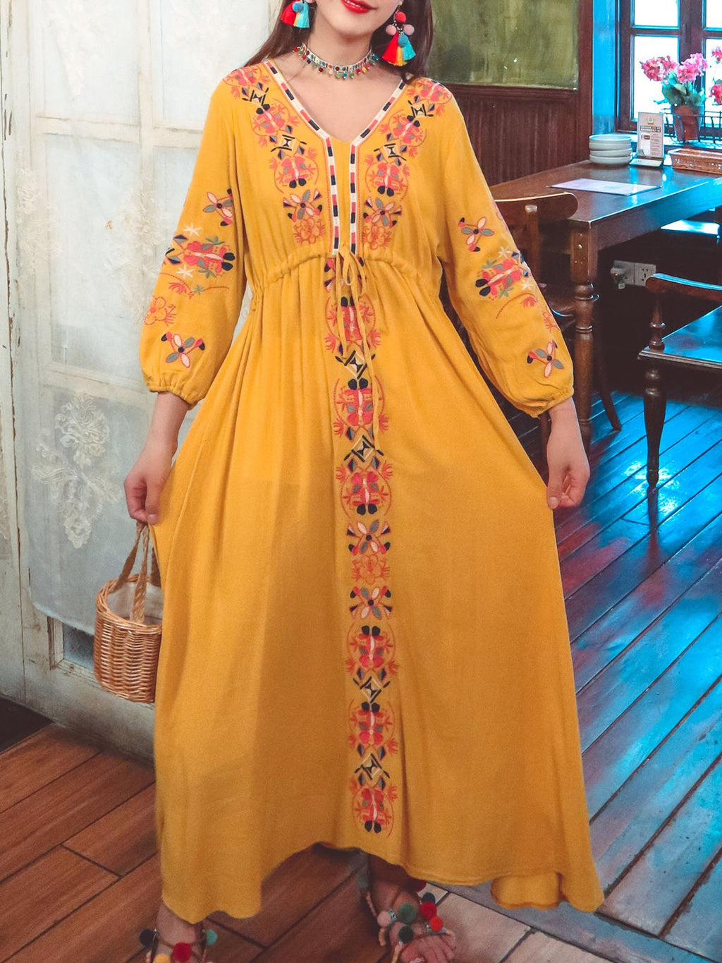 Bohemian Embroidered Floral V Neck Long Sleeve Cotton Boho Maxi Dress