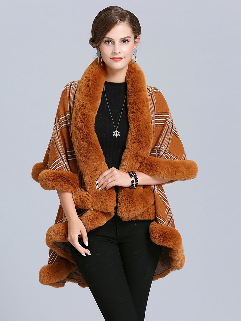 Poncho Wrap Faux Fur Collar Double Layer