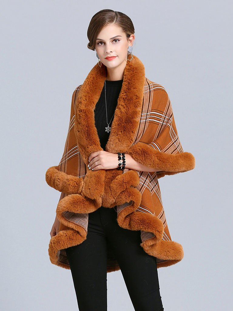 Poncho Wrap Faux Fur Collar Double Layer