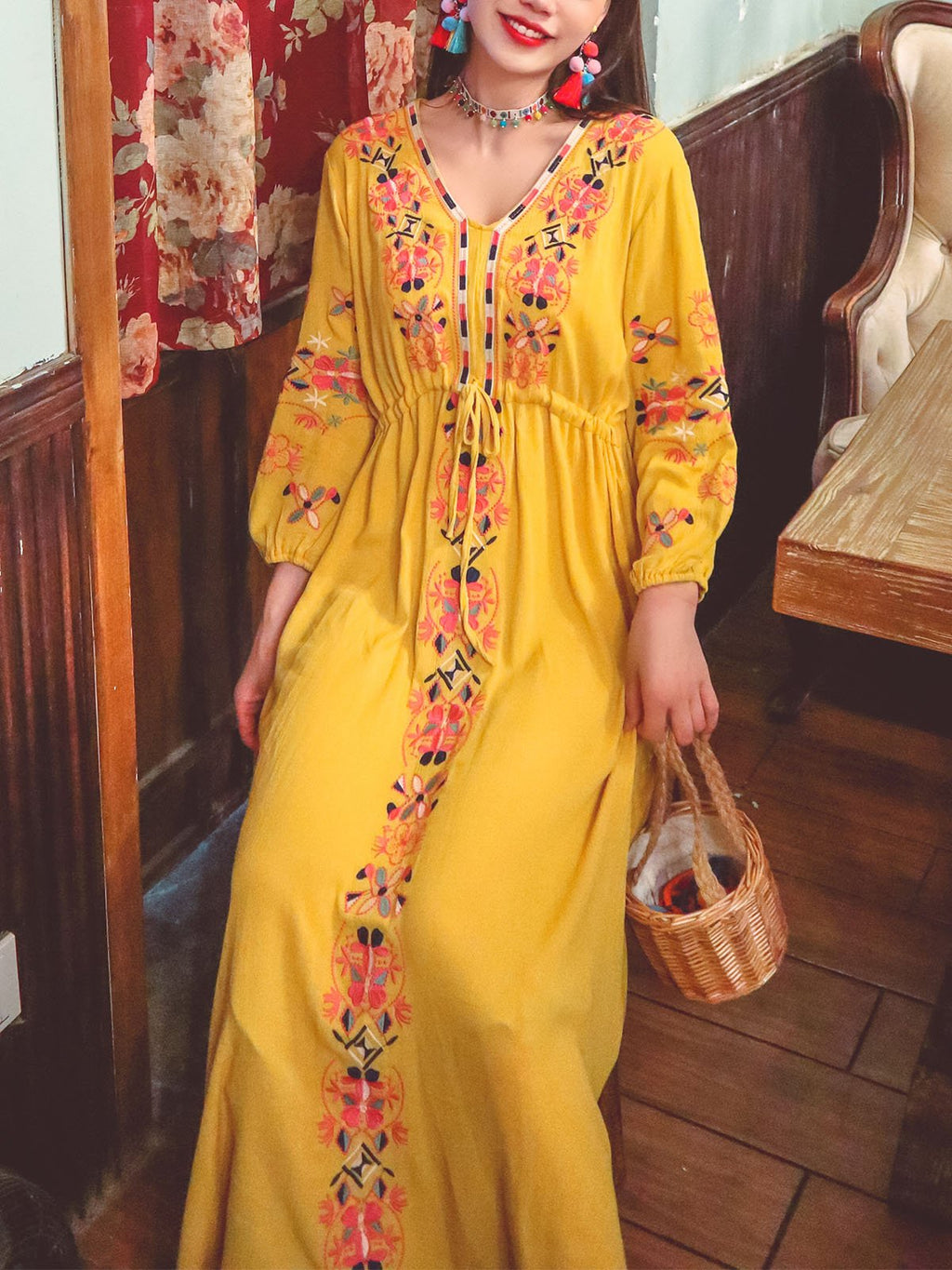 Bohemian Embroidered Floral V Neck Long Sleeve Cotton Boho Maxi Dress
