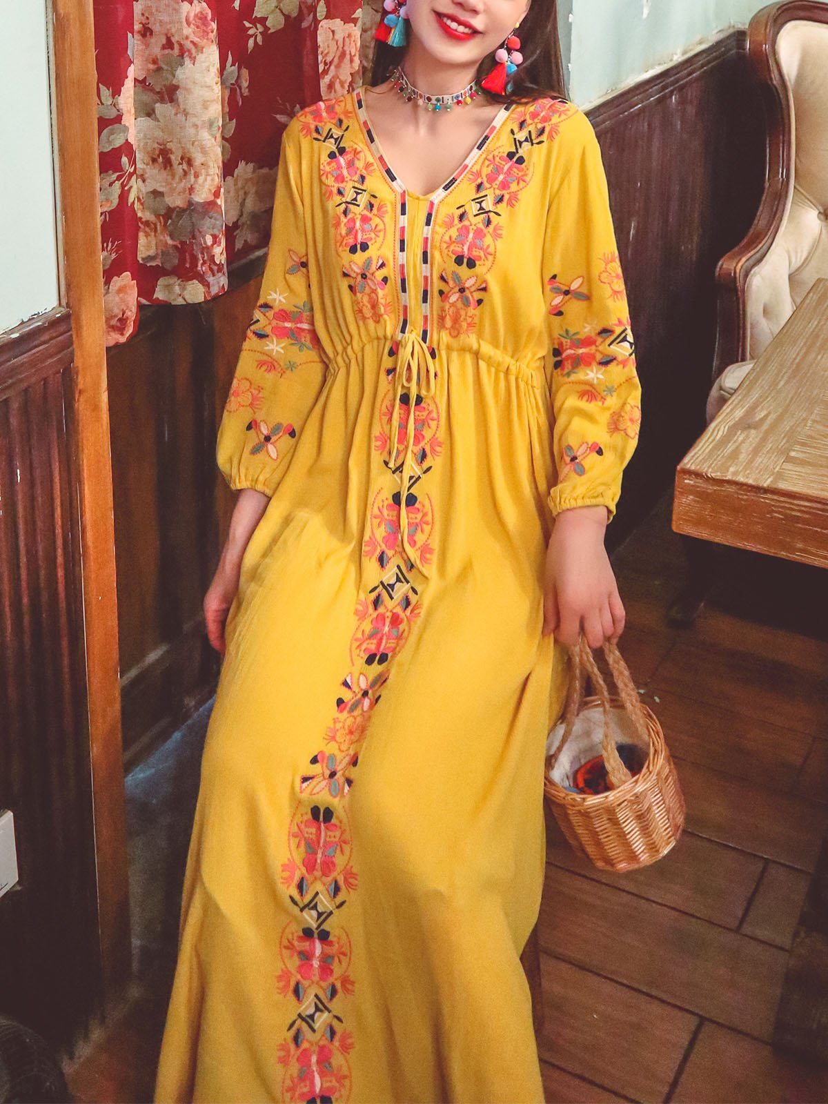 Bohemian Embroidered Floral V Neck Long Sleeve Cotton Boho Maxi Dress