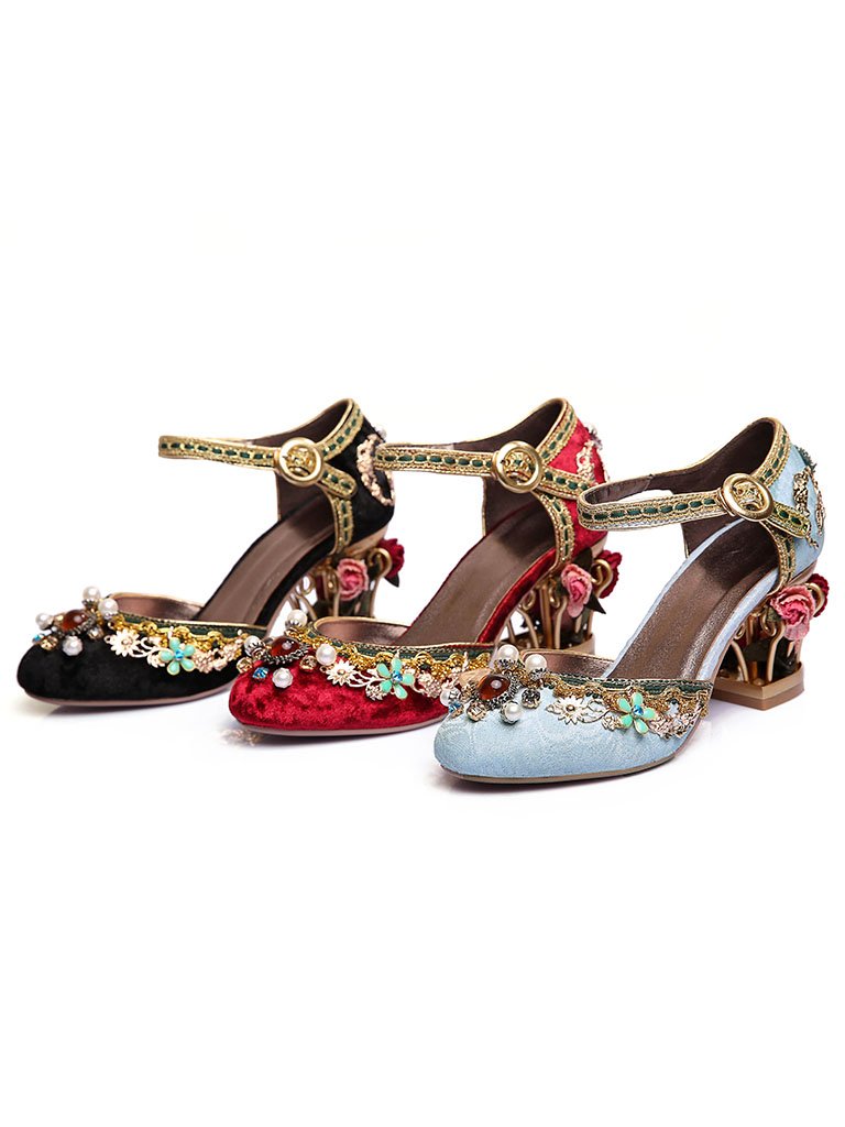Luxury Floral Gem Studded Heels Ankle Strap Vintage Wedding Shoes