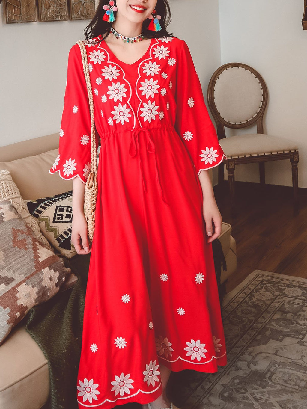 Jolly Vintage Embroidered Floral 3/4 Sleeves V Neck Boho Dress