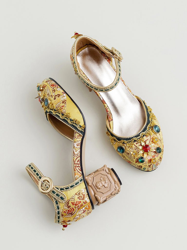 Luxurious Rhinestone Embroidery Floral Block Heel Ankle Strap Vintage Shoes
