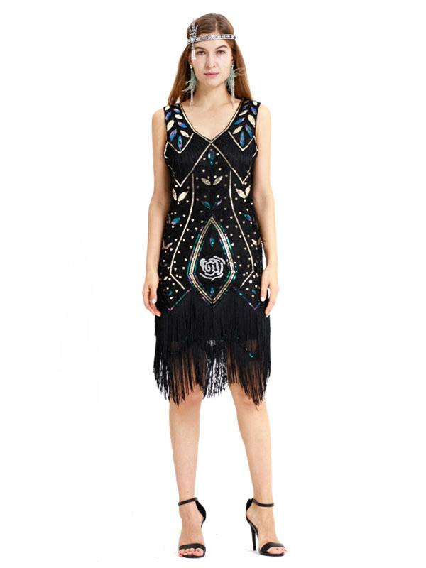 Wine Red 1920s V Neck Sequined Fringed Flapper Dres
