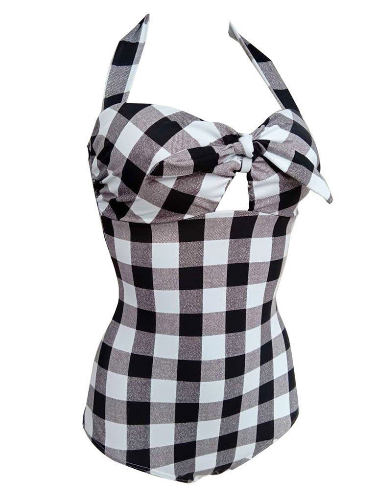 Elegant Type Retro Style Backless Plaid One Piece Swimsuit Bathing Suit
