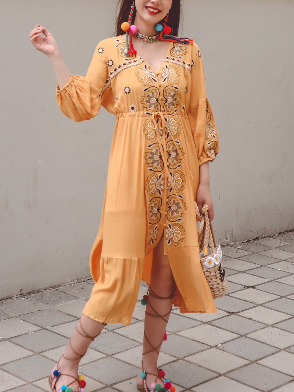 Bohemian Floral Embroidered V Neck 3/4 Sleeves Front Split Button Maxi Boho Dress