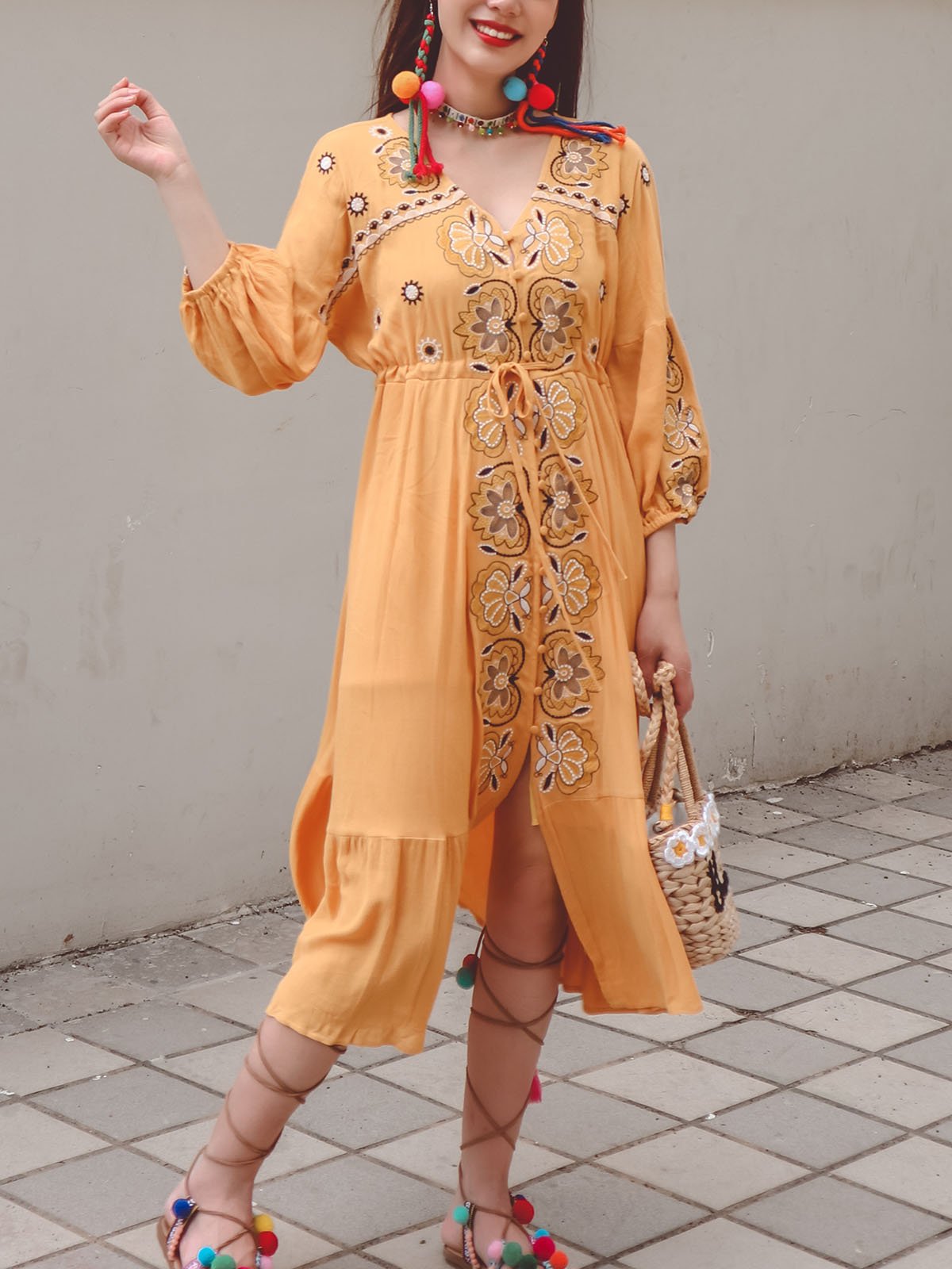 Bohemian Floral Embroidered V Neck 3/4 Sleeves Front Split Button Maxi Boho Dress