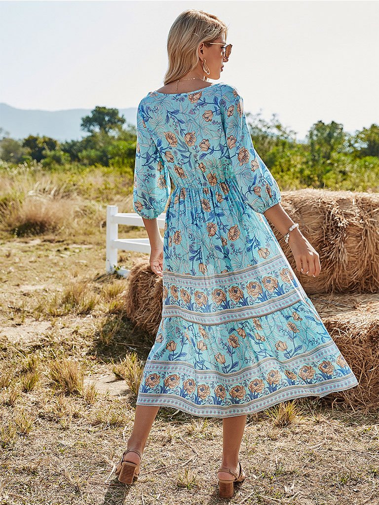 Floral Boho Dress Half Sleeve V Neck Beach Party Dress