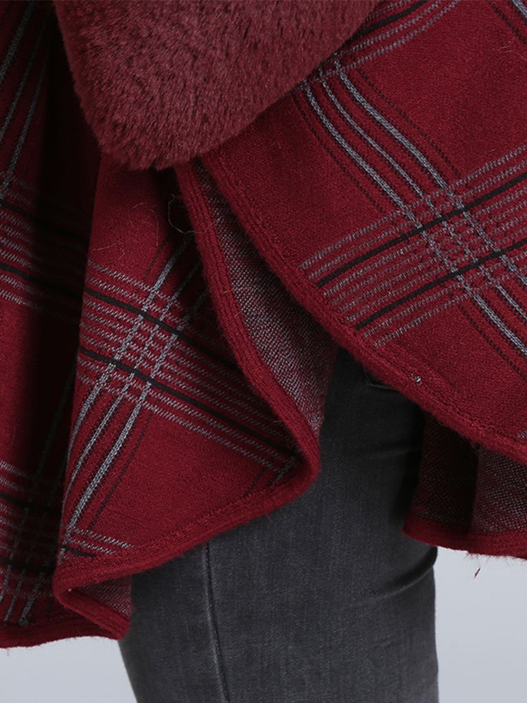 Plaid Poncho Sweater Faux Fur Coat Shawl Collar