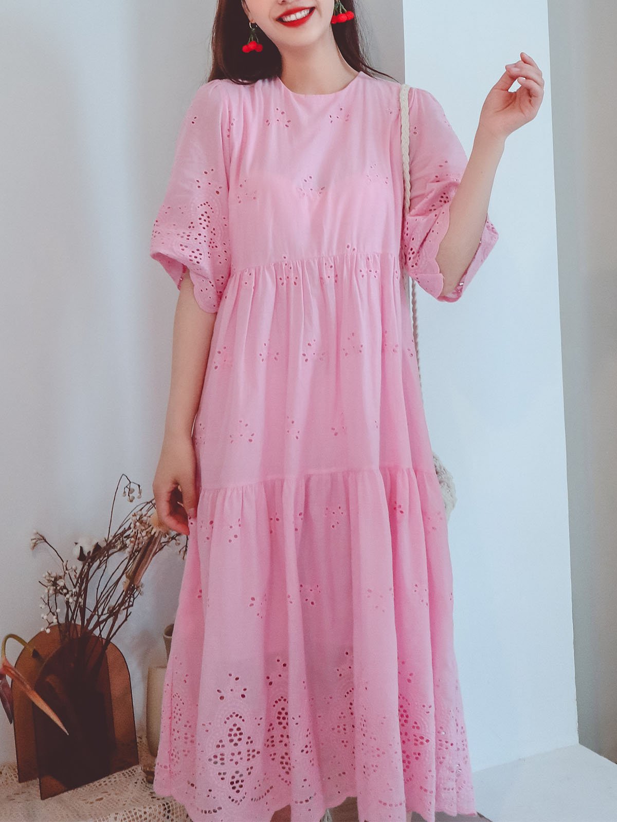 Jolly Vintage Embroidered Solid Backgrand Half Sleeves Boho Midi Dress