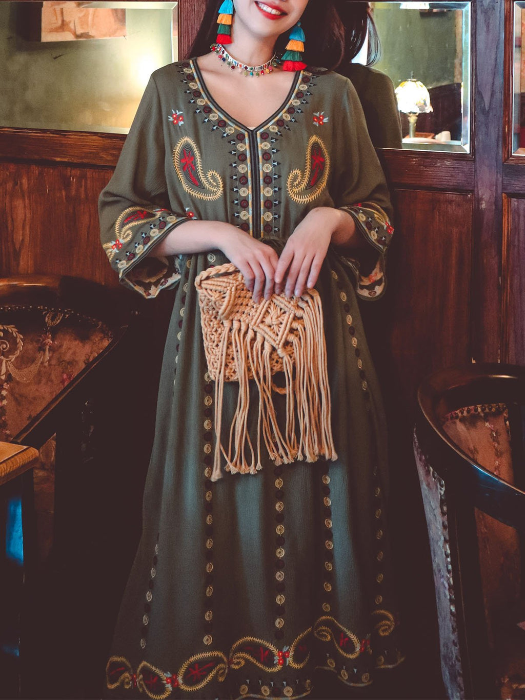 Bohemian Floral Embroidered V Neck 3/4 Flared Sleeves Boho Dress