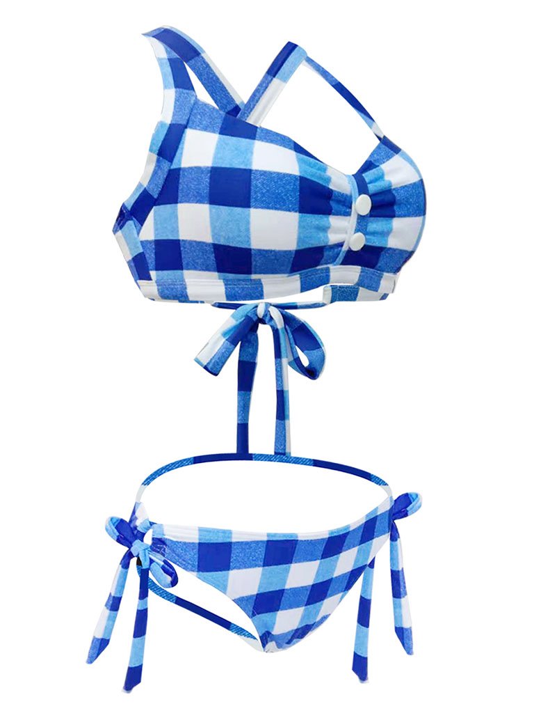 High Waisted Retro Style Backless Plaid Two Pieces Bikini Sets