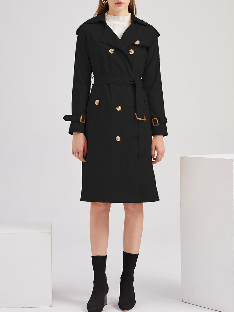 Trench Coat Going out Fall Winter Turndown Collar Button Waisted Solid Color Long Coat