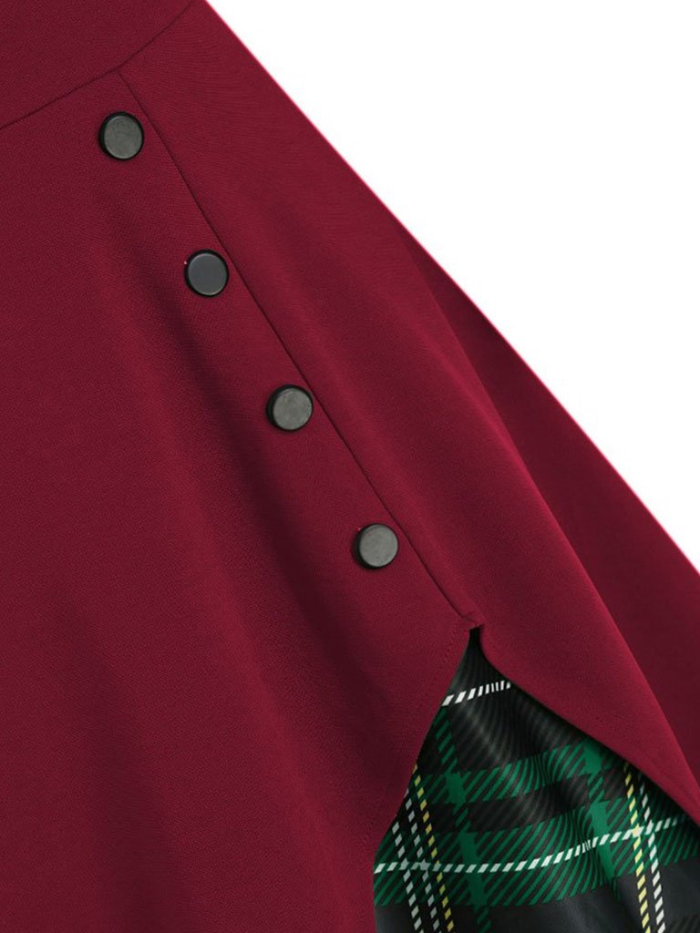1950S Bow Heart Collar Plaid Long Sleeve Swing Dress