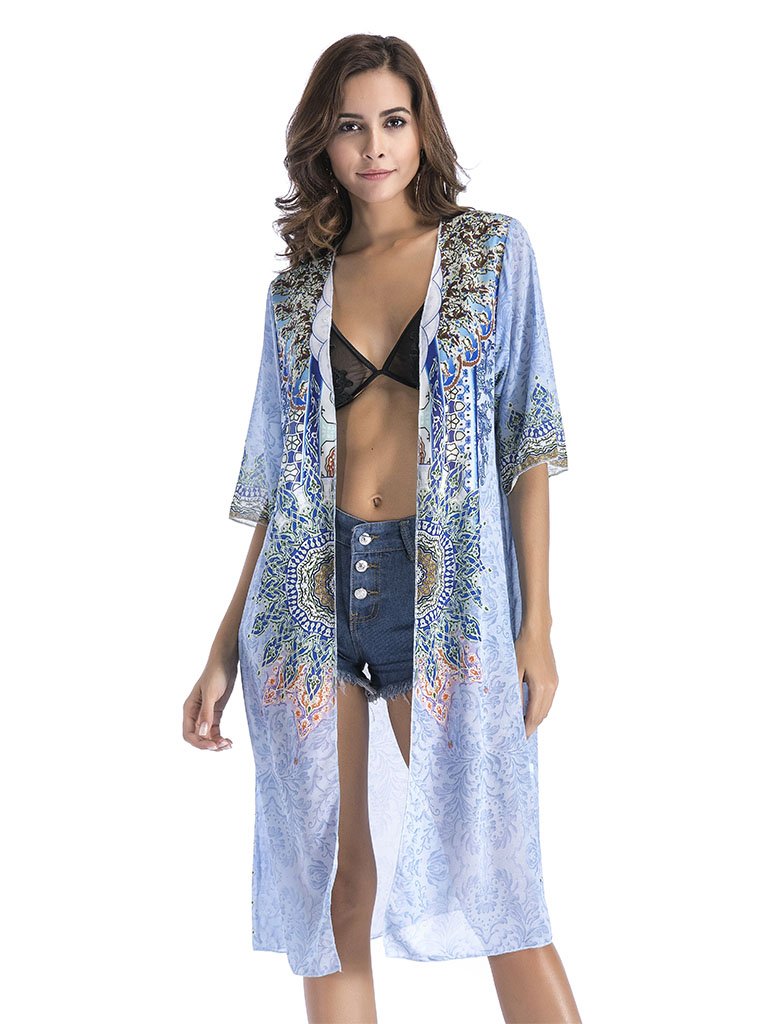 National Printed Long Kimono Cardigan Beach Tops Cover Ups