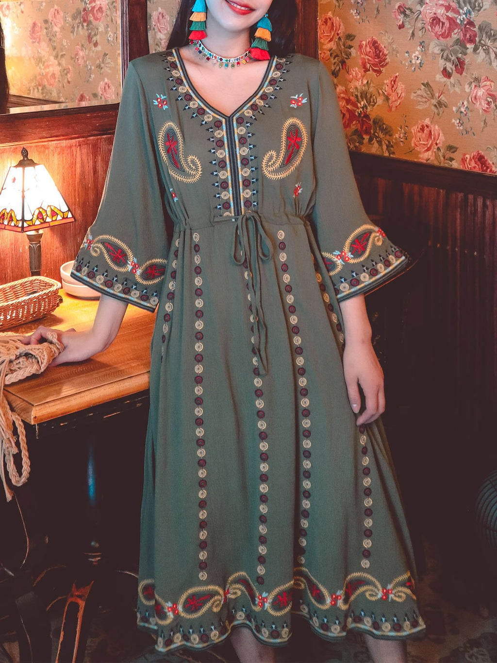 Bohemian Floral Embroidered V Neck 3/4 Flared Sleeves Boho Dress
