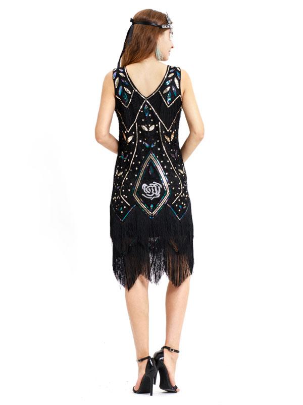 Wine Red 1920s V Neck Sequined Fringed Flapper Dres