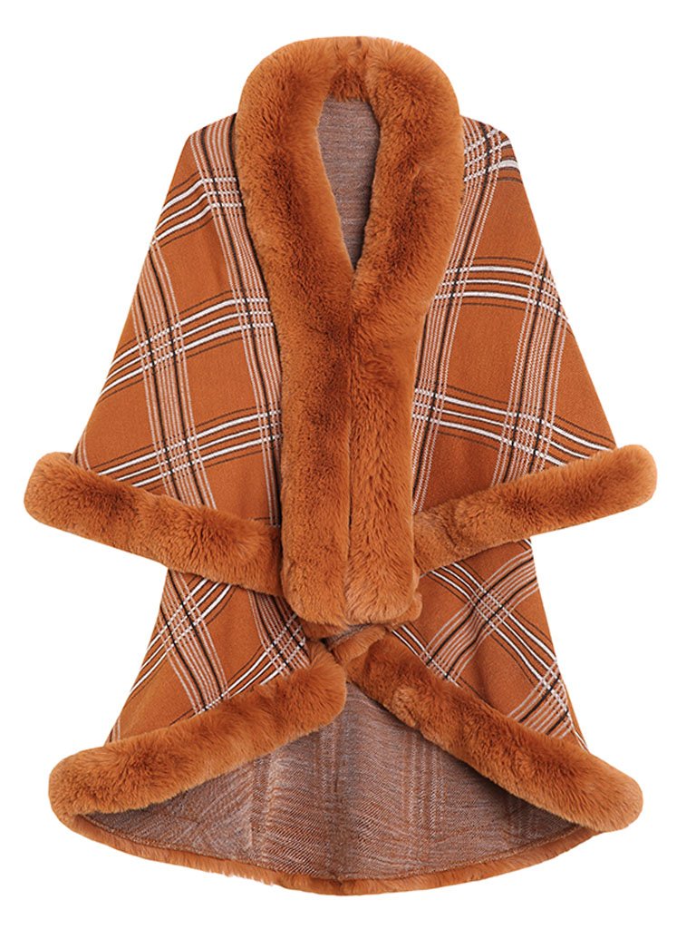 Poncho Wrap Faux Fur Collar Double Layer