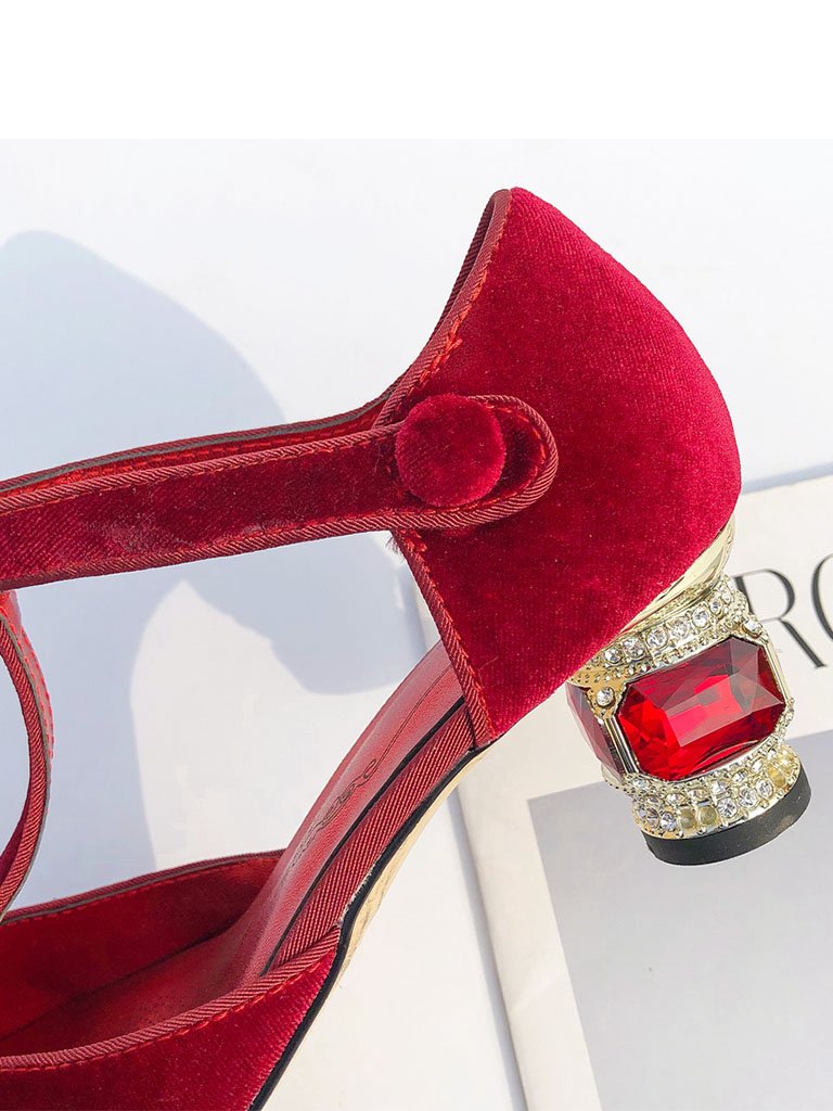 Velvet Rhinestone Chunky Heel  Vintage Shoes