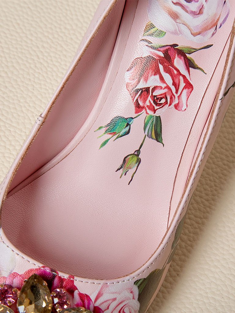 Rose Print Rhinestone Stiletto Heel Vintage Shoes