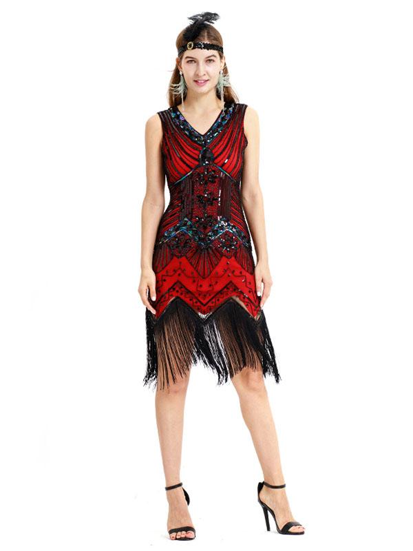 Black Silver 1920s V Neck Sequined Flapper Dres