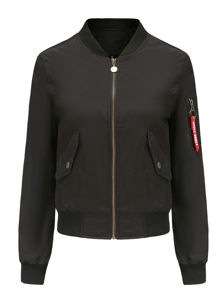 Pilot Style Jacket Daily Zippered Fall Winter Casual Solid Color Stand Collar Sporty Jacket