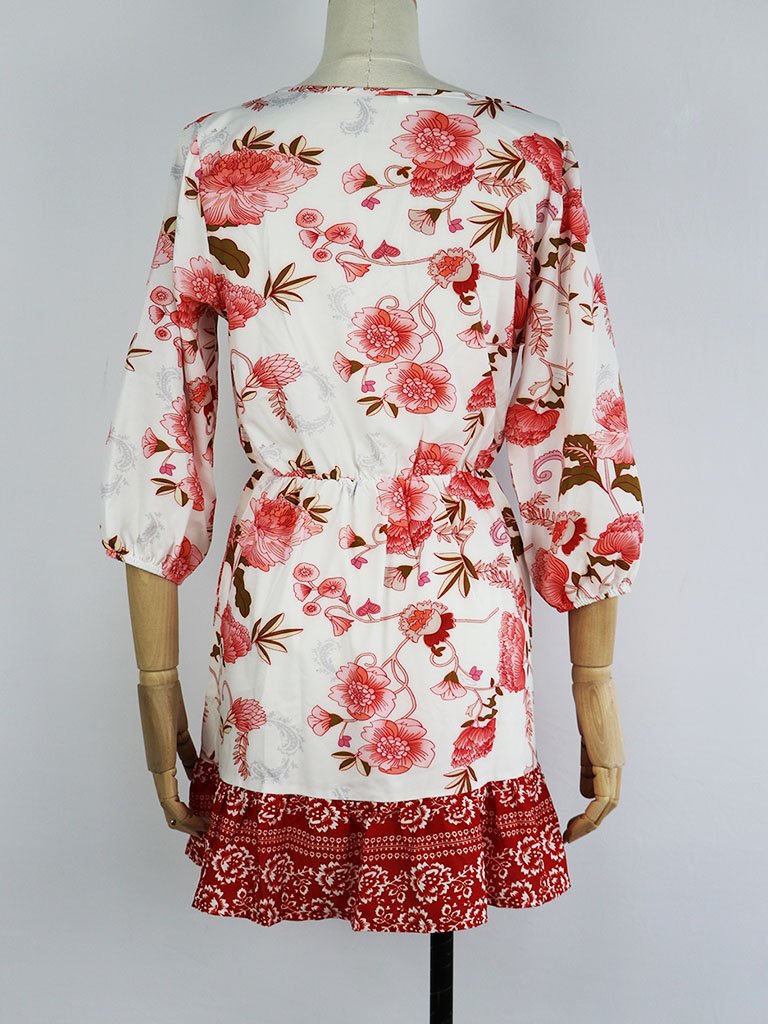 Boho Dress Floral Printed V Neck Beach Dress Half Sleeve