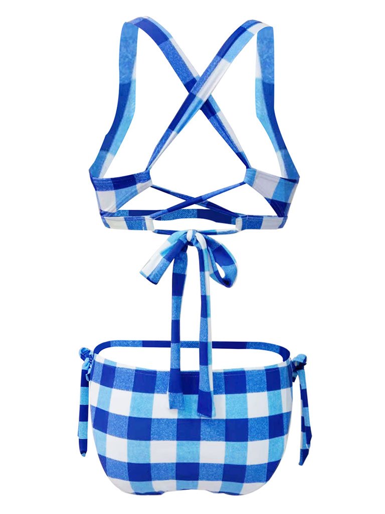 High Waisted Retro Style Backless Plaid Two Pieces Bikini Sets
